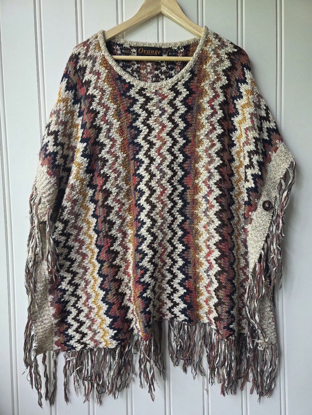 Orange Fashion Village Zig Zag Fringe Knit Poncho One Size